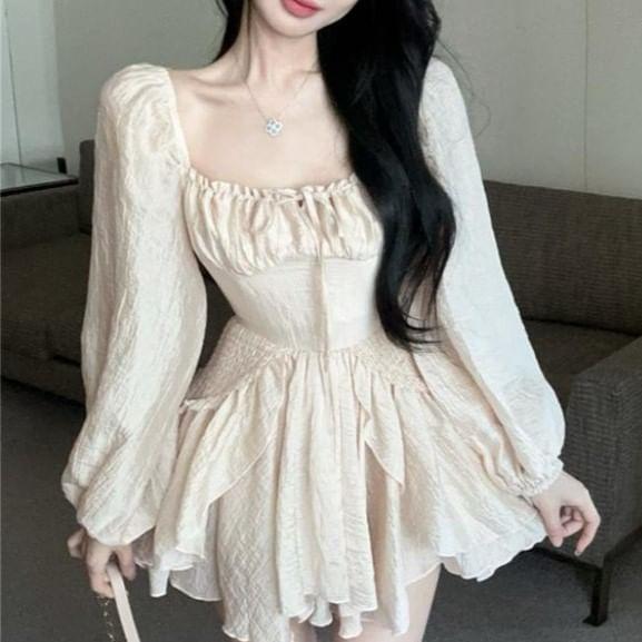 Long Sleeve Square Neck Plain Ruffle Hem Mini A-Line Dress Product Image