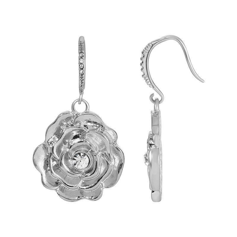 1928 Silver Tone Crystal Accent Flower Drop Earrings, Womens, White Product Image