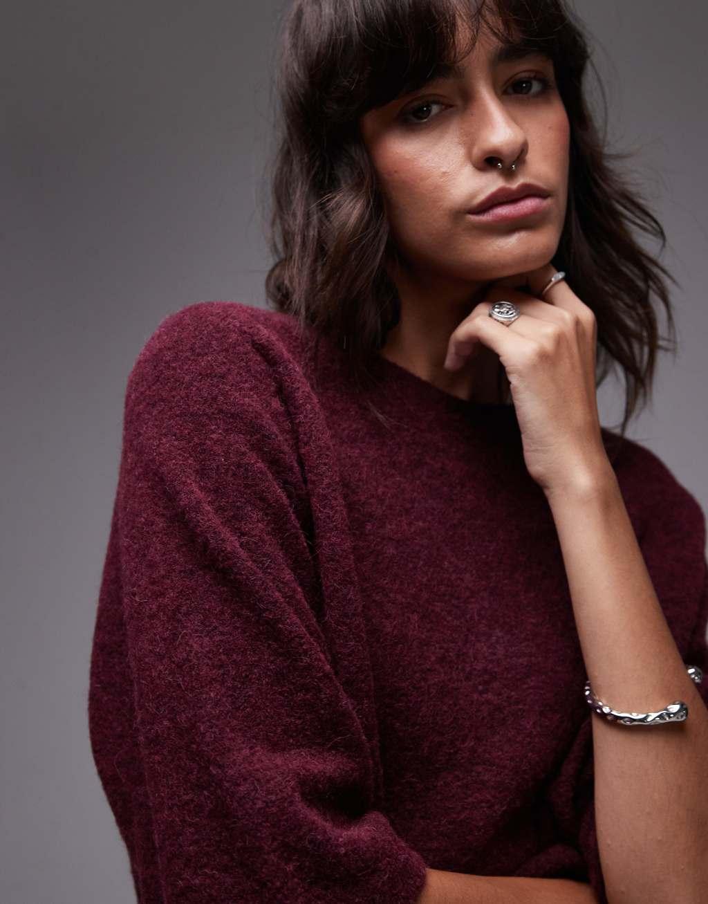 & Other Stories alpaca short sleeve knitted sweater in burgundy exclusive to ASOS Product Image