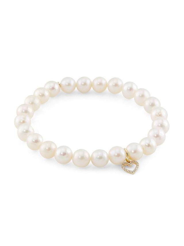 Womens 14K Yellow Gold, Freshwater Pearl & 0.06 TCW Diamond Heart Charm Bracelet Product Image