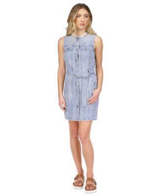 Petite Frayed-Neck Belted Seamed Button-Down Denim Dress Product Image