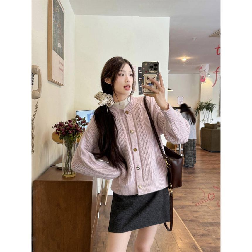 Round Neck Plain Cable-Knit Cardigan Product Image