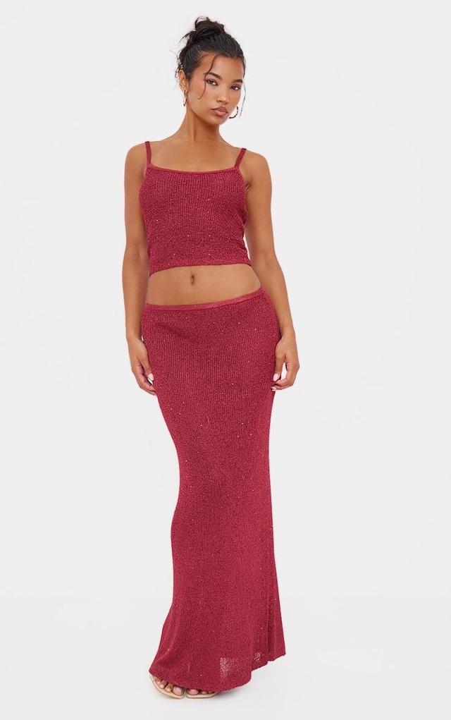 Wine Sequin Knit Maxi Skirt Product Image