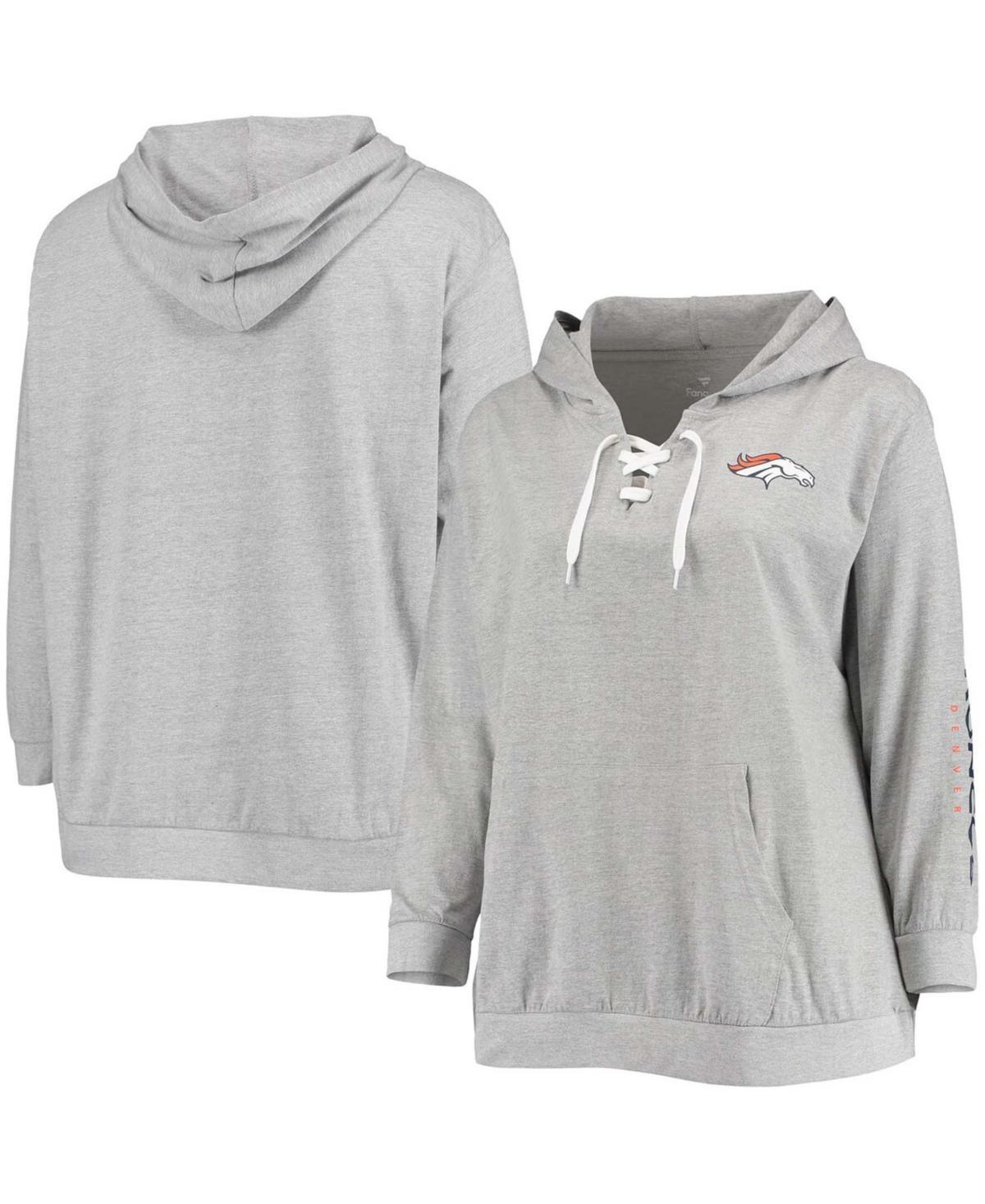 Womens Fanatics Branded Heathered Gray Denver Broncos Plus Size Lace-Up Pullover Hoodie Product Image