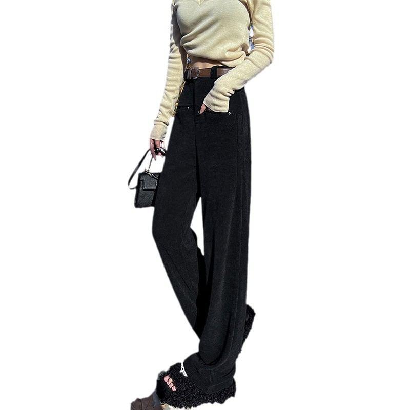 High Rise Plain Fleece-Lined Corduroy Wide Leg Pants Product Image