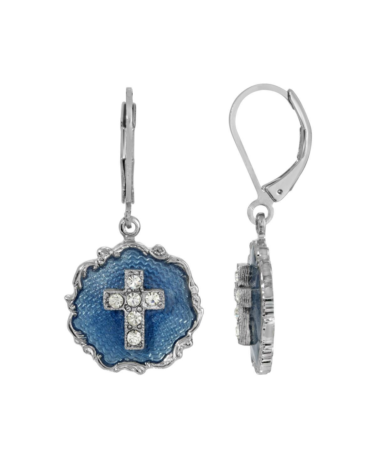 Symbols Of Faith Silver Tone Blue Enamel Crystal Cross Round Earrings Product Image