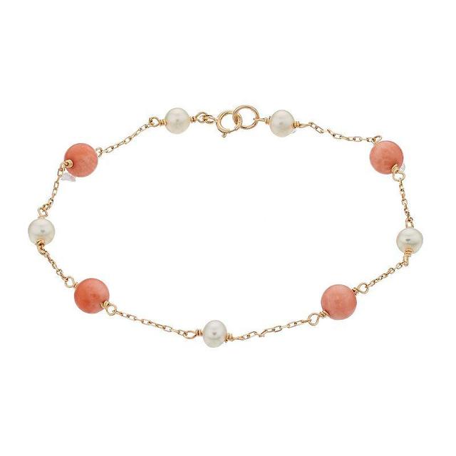 Jewelmak 14k Gold Freshwater Cultured Pearl & Coral Station Anklet, Womens Product Image