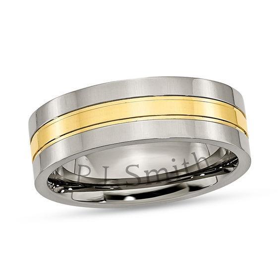 Men's 7.0mm Engravable Polished Wedding Band in Titanium with 14K Gold Plate Inlay (2 Lines) Product Image