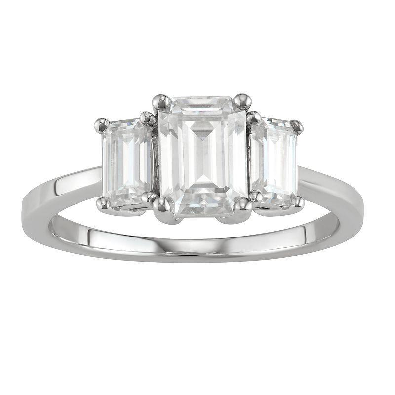 14K White Gold Lab-Created Moissanite 1 1/2 Carat T.W. Emerald-Cut Three-Stone Ring, Womens Product Image