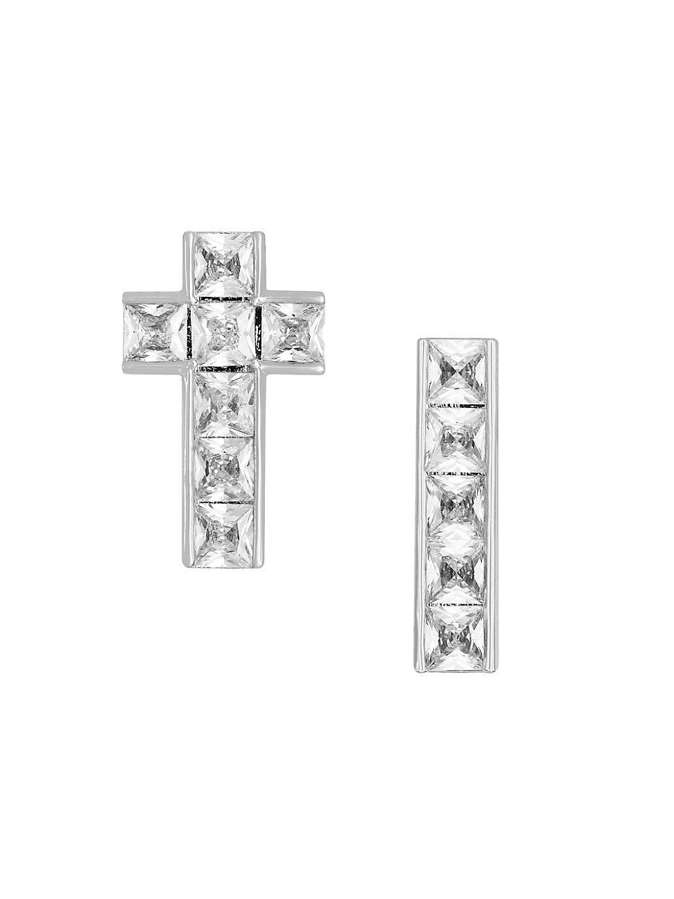 Womens Just The [Un]Ordinary 18K White-Gold-Plated & Cubic Zirconia Mismatch Cross Tennis Earrings Product Image