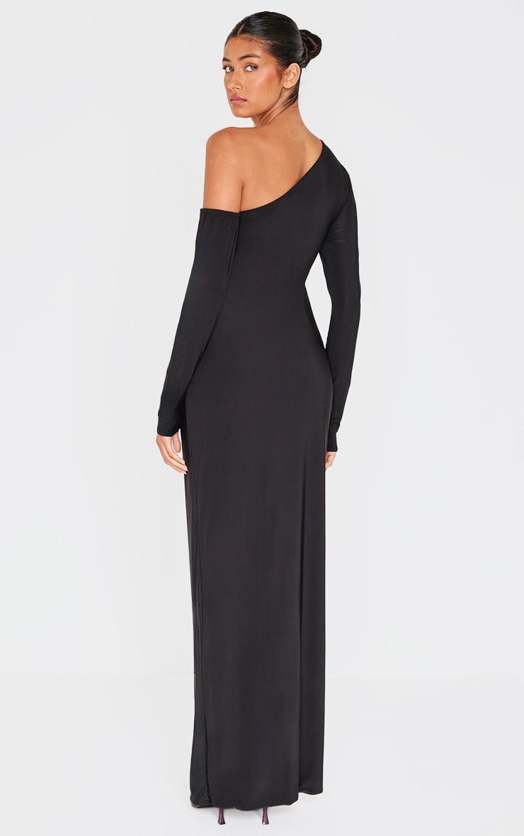  Black Double Slinky Asymmetric Neck Long Sleeve Maxi Dress Product Image