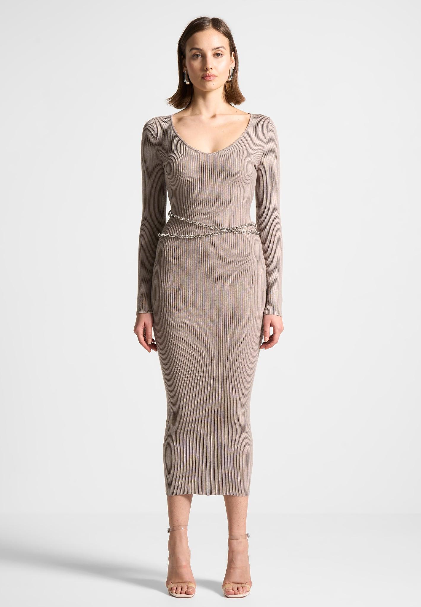 Ribbed Knit Midaxi Dress with Chain Belt - Taupe Female product image