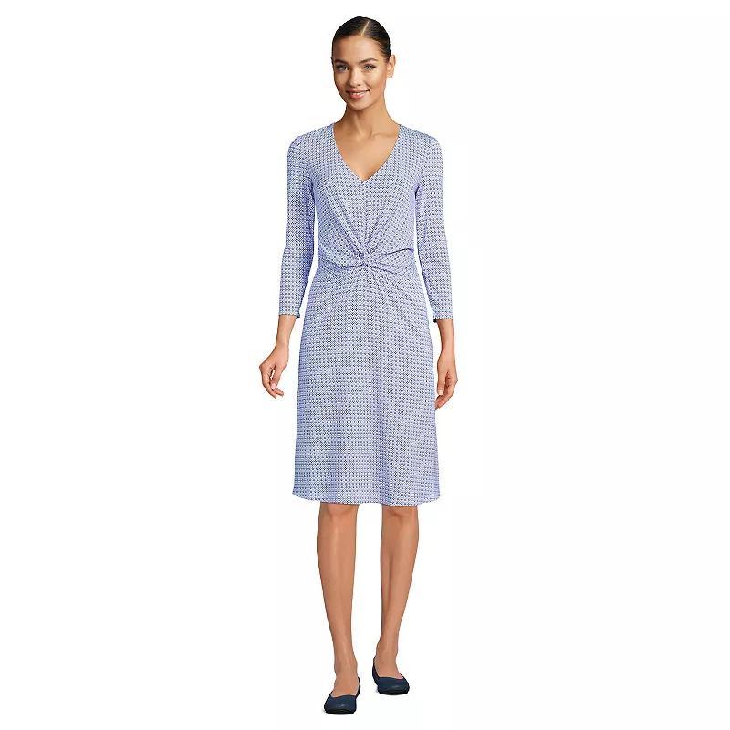 Lands End Womens Plus Size Lightweight Cotton Modal 3/4 Sleeve Fit and Flare V-Neck Dress Product Image