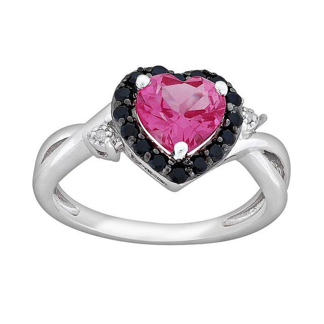 Stella Grace Sterling Silver Lab-Created Pink Sapphire, Black Spinel and Diamond Accent Heart Ring, Womens Product Image