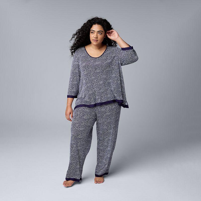 Plus Size Simply Vera Vera Wang 3/4 Sleeve Pajama Top & Pajama Pants Set, Womens Product Image