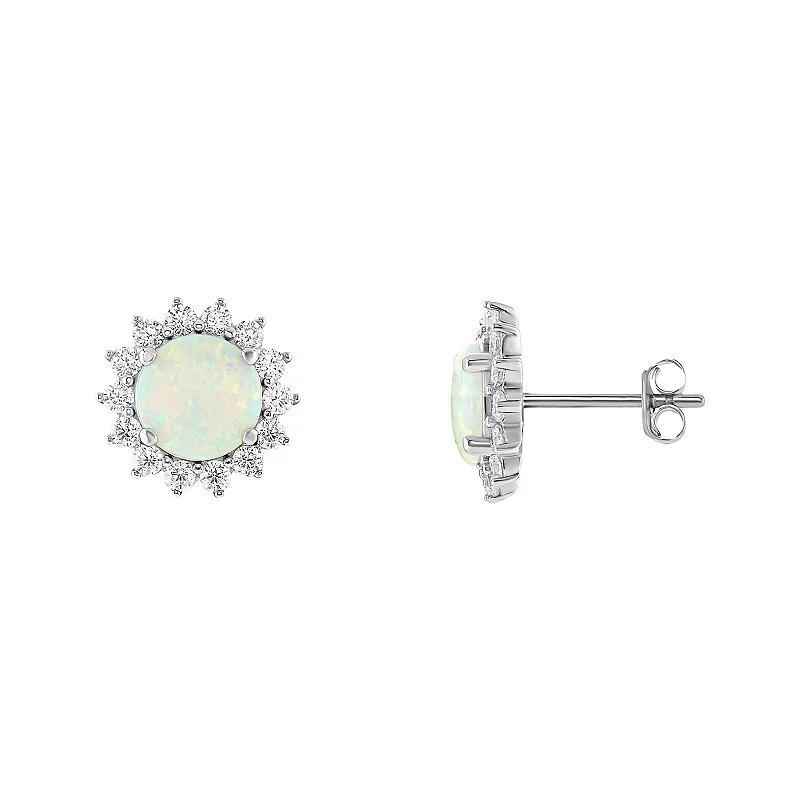 PRIMROSE Sterling Silver Cubic Zirconia And Opal Stone Flower Stud Earrings., Womens, Silver Tone White Product Image