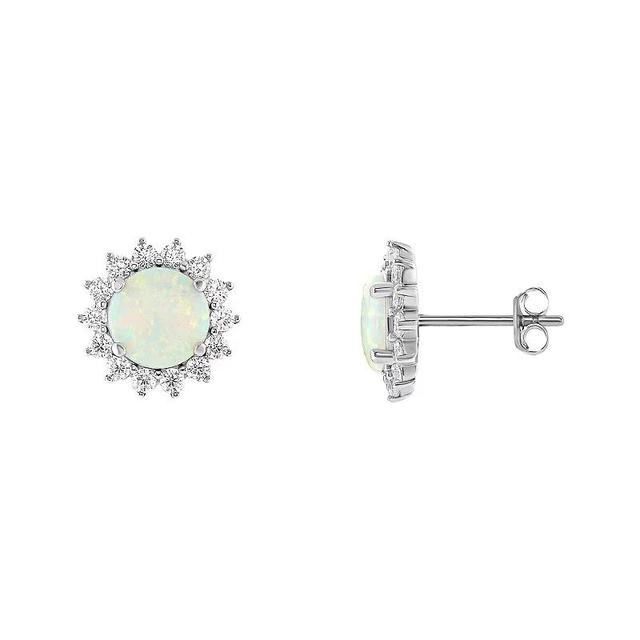 PRIMROSE Sterling Silver Cubic Zirconia And Opal Stone Flower Stud Earrings., Womens, Silver Tone White Product Image