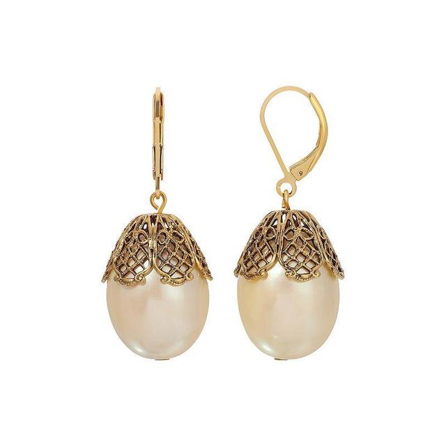 1928 Gold Tone Filigree Capped Oval Bead Drop Earrings, Womens, White Product Image