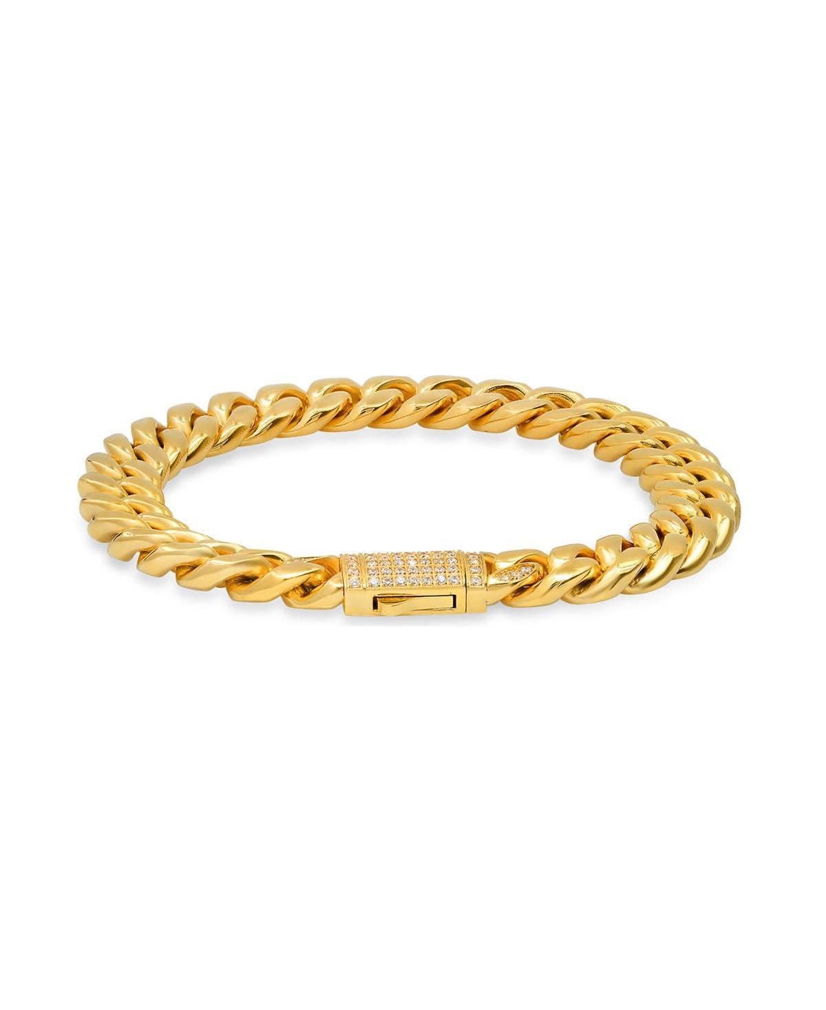 Steeltime Mens 18k Gold Plated Stainless Steel Thick Cuban Link Chain Bracelet with Simulated Diamonds Clasp Product Image