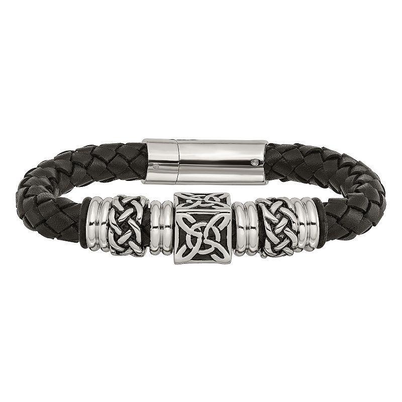 Mens Stainless Steel Antiqued Beads & Black Leather Bracelet Product Image