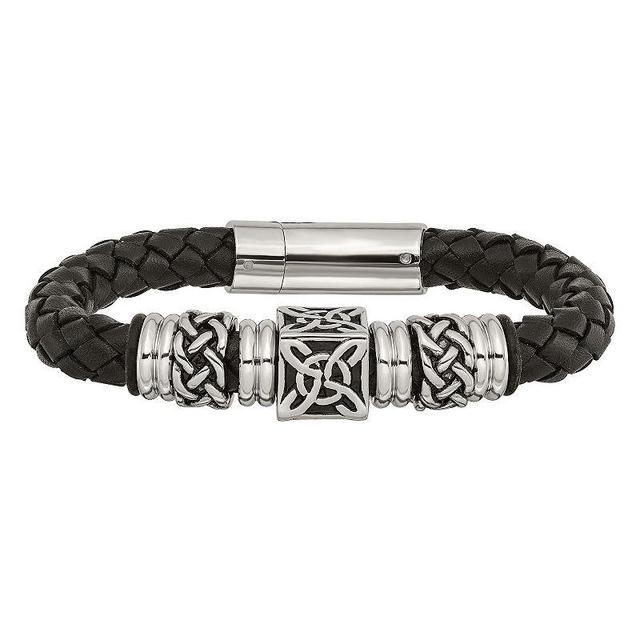 Mens Stainless Steel Antiqued Beads & Black Leather Bracelet Multicolor Product Image