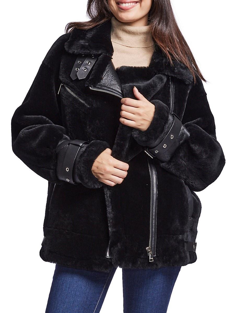 Blue Duck Womens Shearling Biker Jacket - Beige Product Image