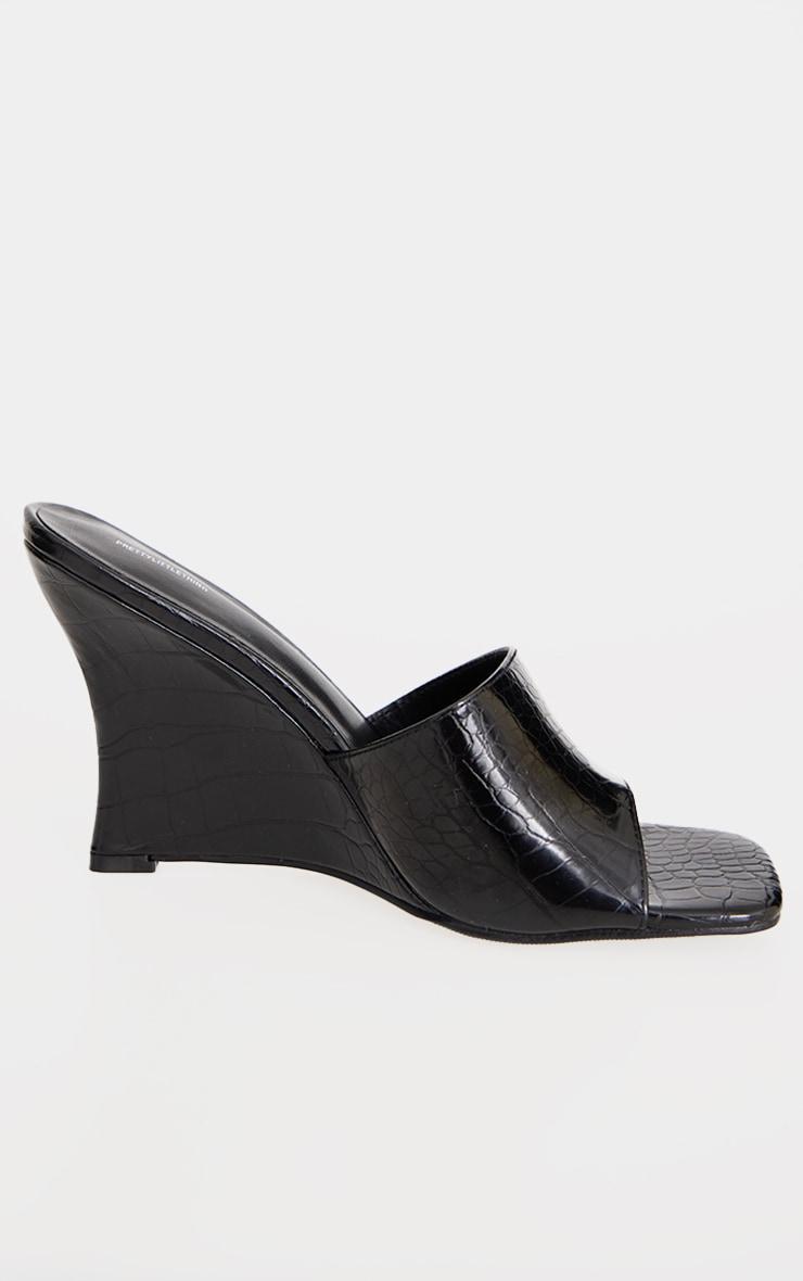 Black Croc PU Square Toe Wedge Heeled Sandals Product Image