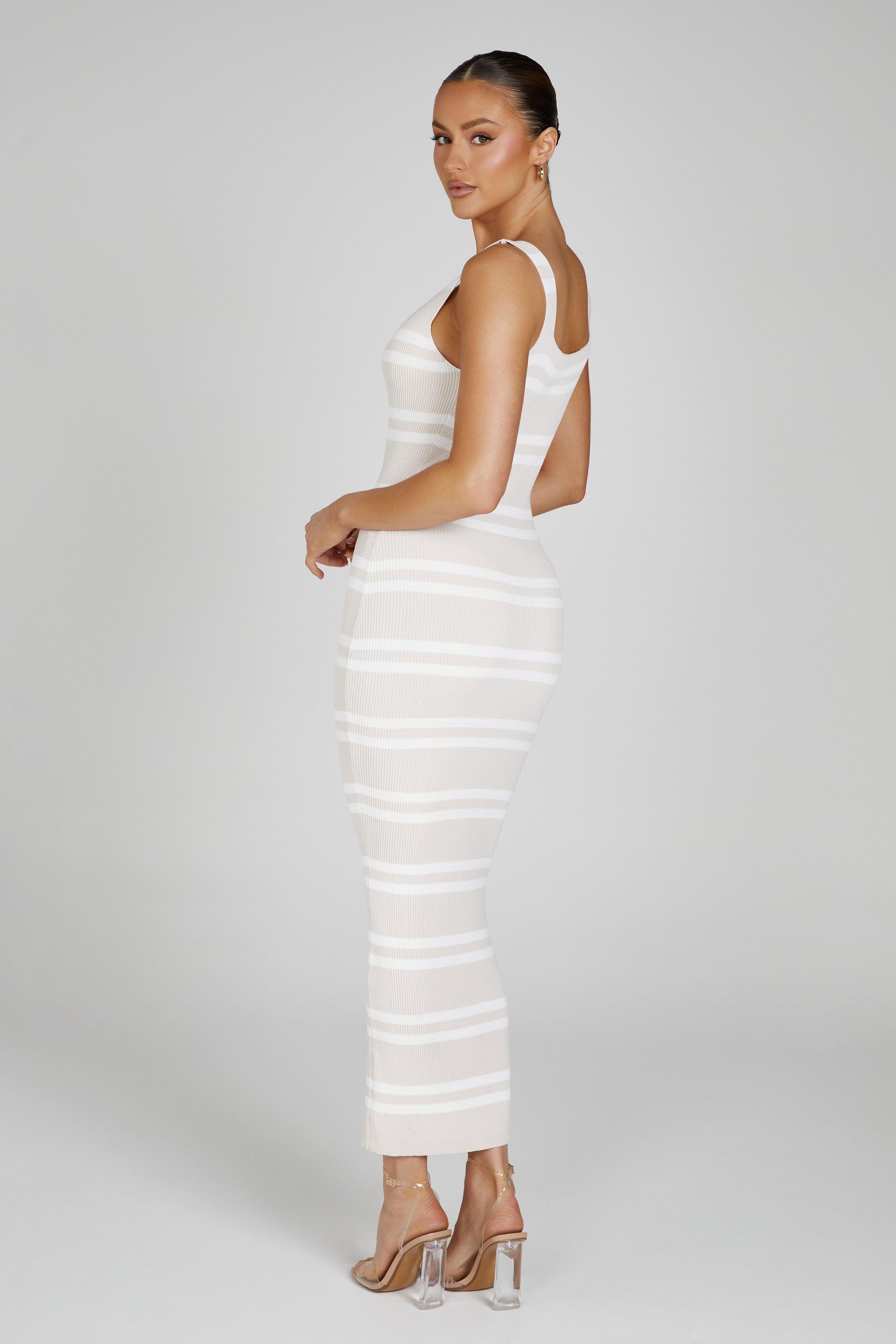 Henrietta Stripe Knit Maxi Dress - Nude/White Product Image