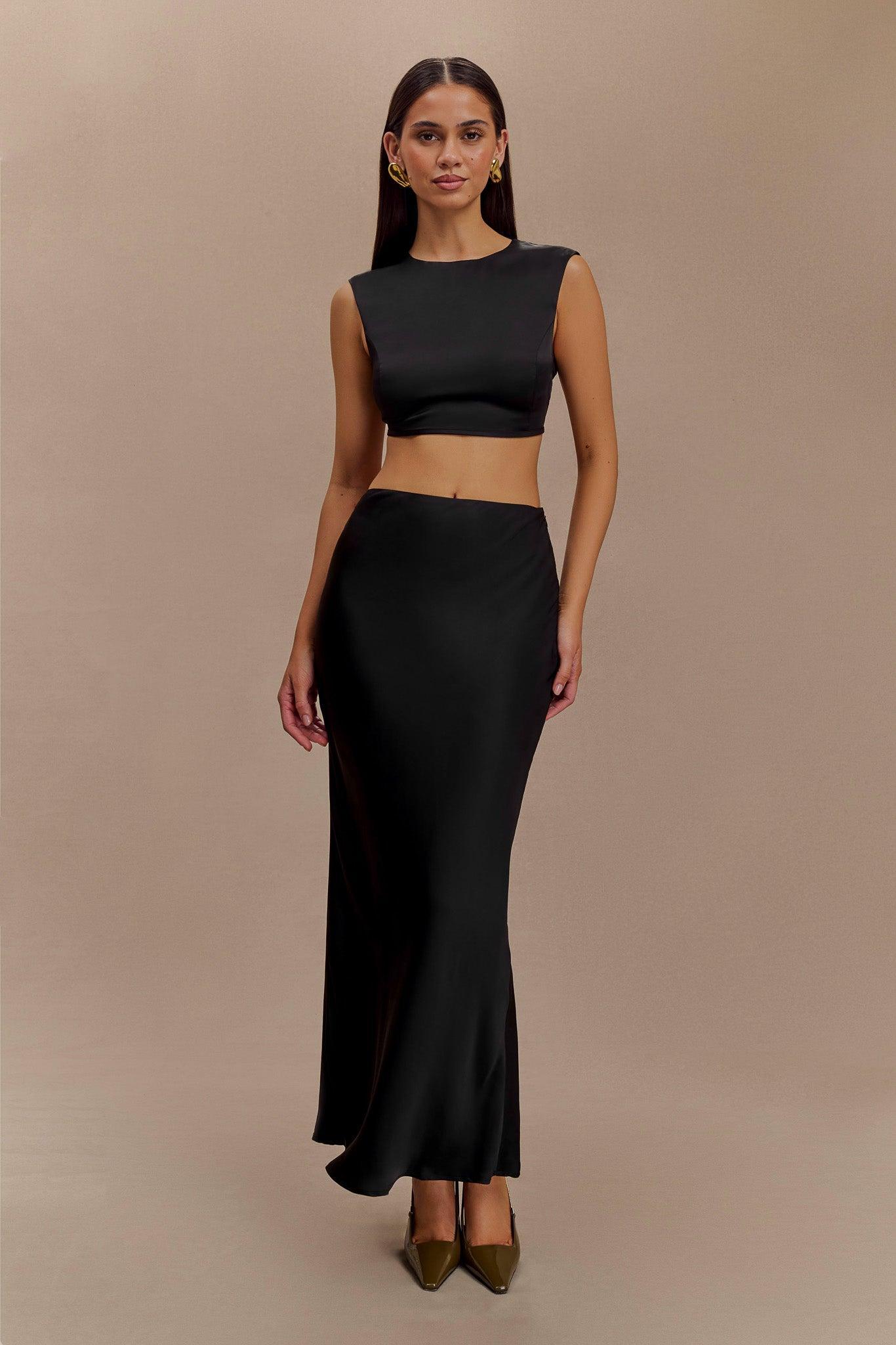 Viviana Satin Sleeveless Crop Top - Black Product Image