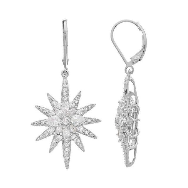 Sterling Silver Cubic Zirconia Sunburst Drop Earrings, Womens, Rhodium Over Product Image