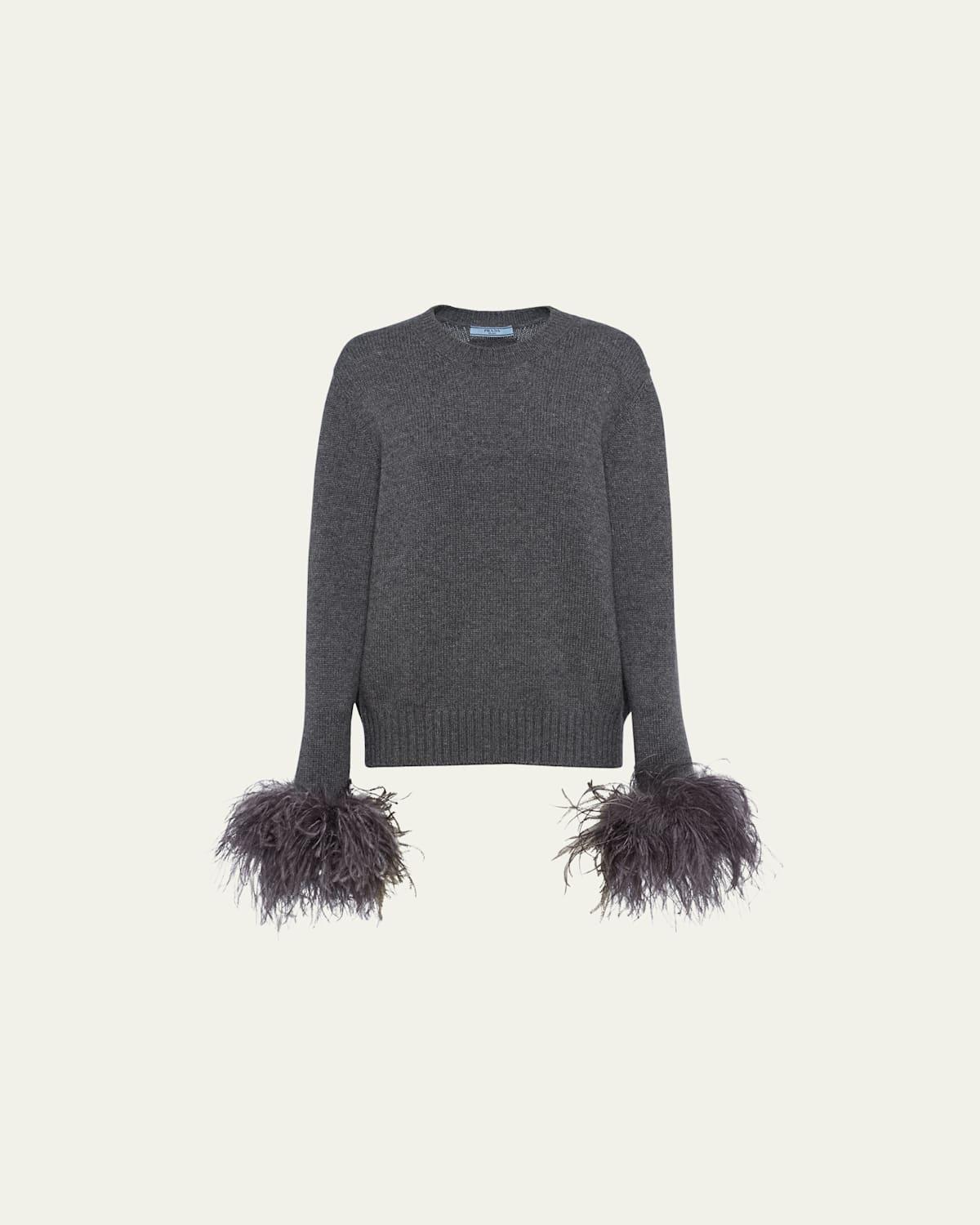 Womens Feather-Trimmed Cashmere Crew-Neck Sweater Product Image