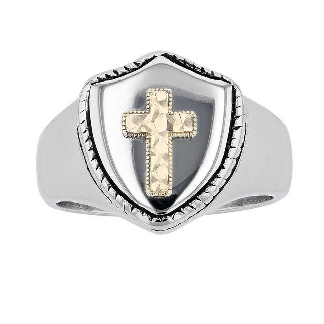 Mens Kristen Kesho 14k Gold Over Steel Cross & Shield Signet Ring Stainless Product Image