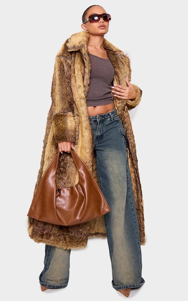 Petite Brown Faux Fur Longline Belted Coat Product Image