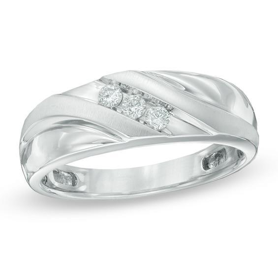 Men's 1/6 CT. T.w. Diamond Slant Three Stone Comfort Fit Wedding Band in 14K White Gold Product Image