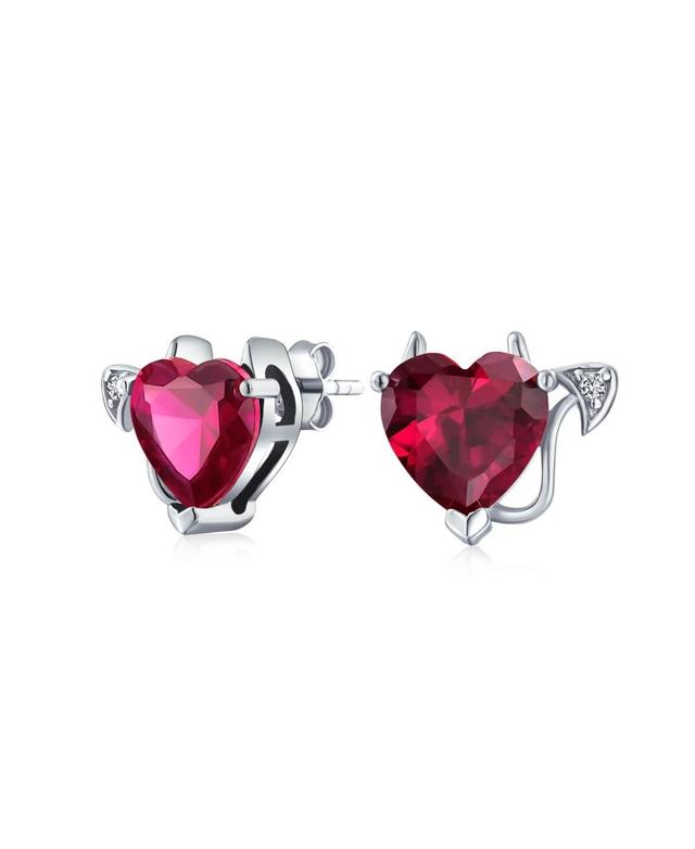 Romantic Promise Valentine Red Cz Devil Heart Shape Cubic Zirconia Stud Earrings For Women Teens .925 Sterling Silver Product Image