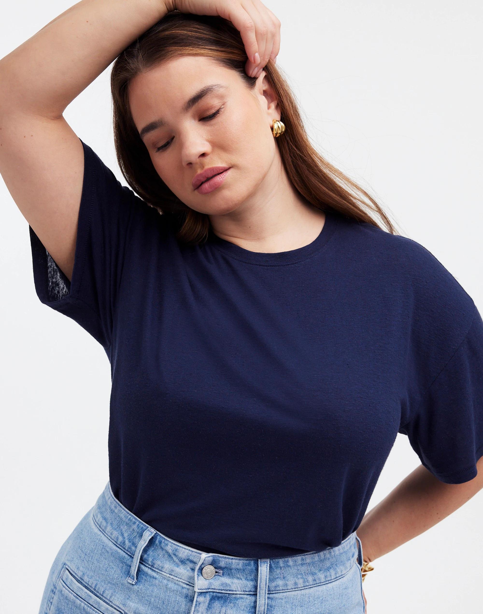 Plus Linen-Blend Crewneck Oversized Tee Product Image