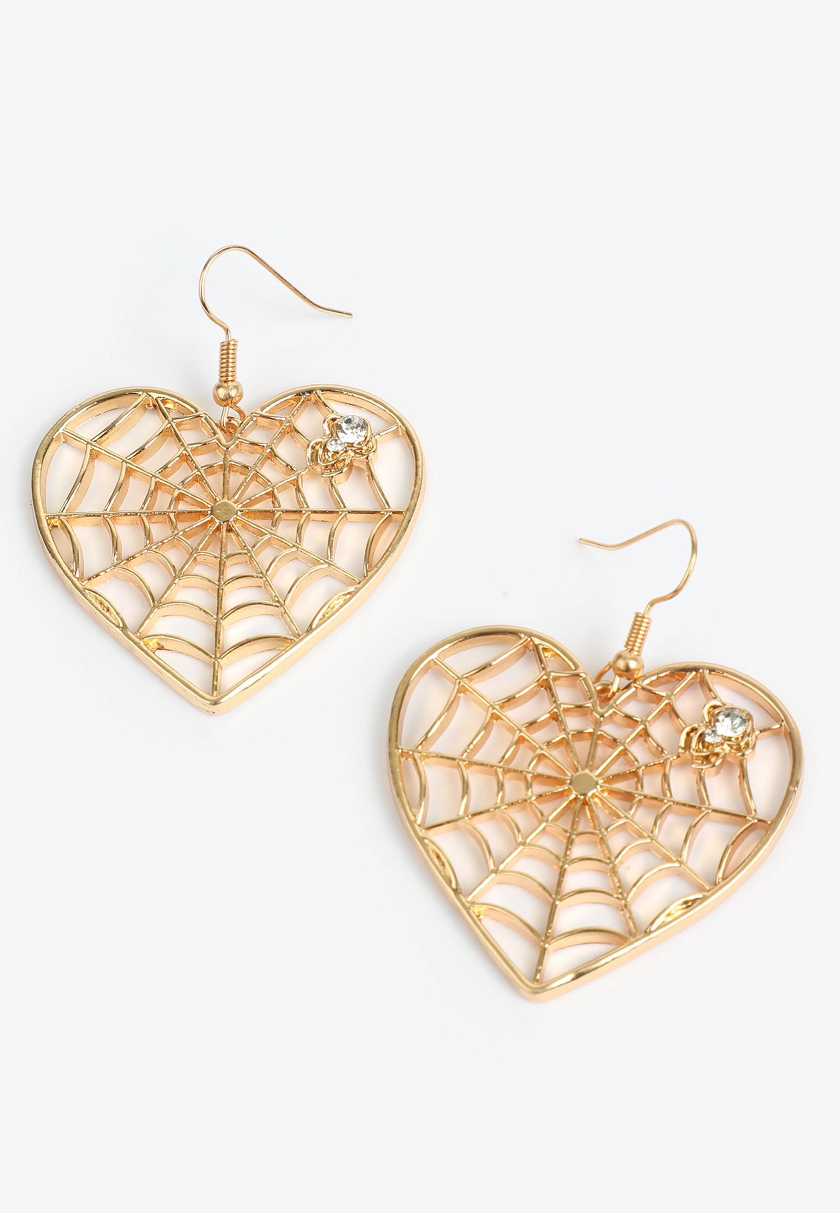 Gold Heart Spiderweb Drop Earrings Product Image