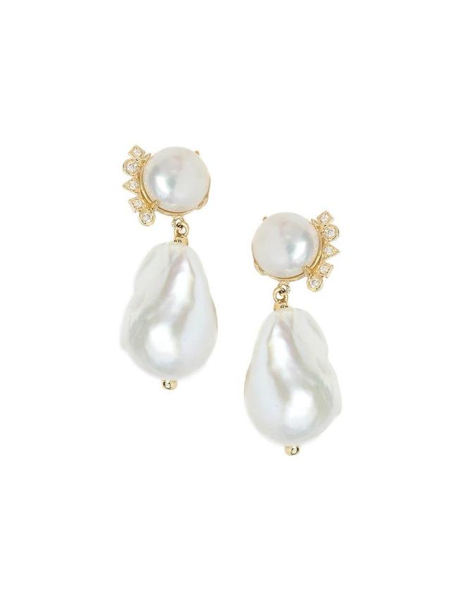 Womens Clo 14K Yellow Gold, Cultured Pearl & 0.11 TCW Diamond Drop Earrings Product Image