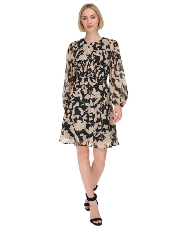 Calvin Klein Womens Printed Jewel-Neck Long-Sleeve Dress Product Image