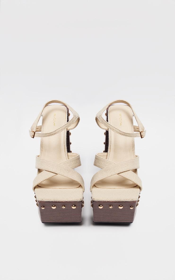 Beige Linen Look Square Toe Studded Trim Platform Sandals Product Image