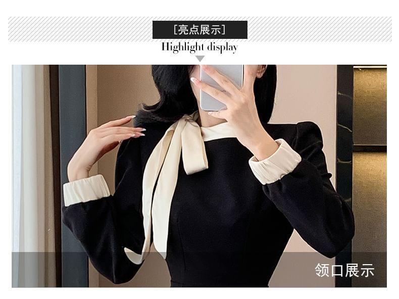 Long-Sleeve Plain Contrast Trim Bow Mini A-Line Dress Product Image