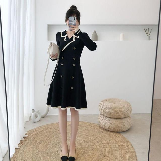 Long-Sleeve Double Breasted Knit A-Line Dress Product Image