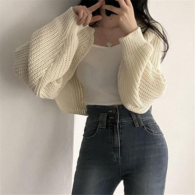 Plain Chunky Knit Open Front Crop Cardigan Product Image