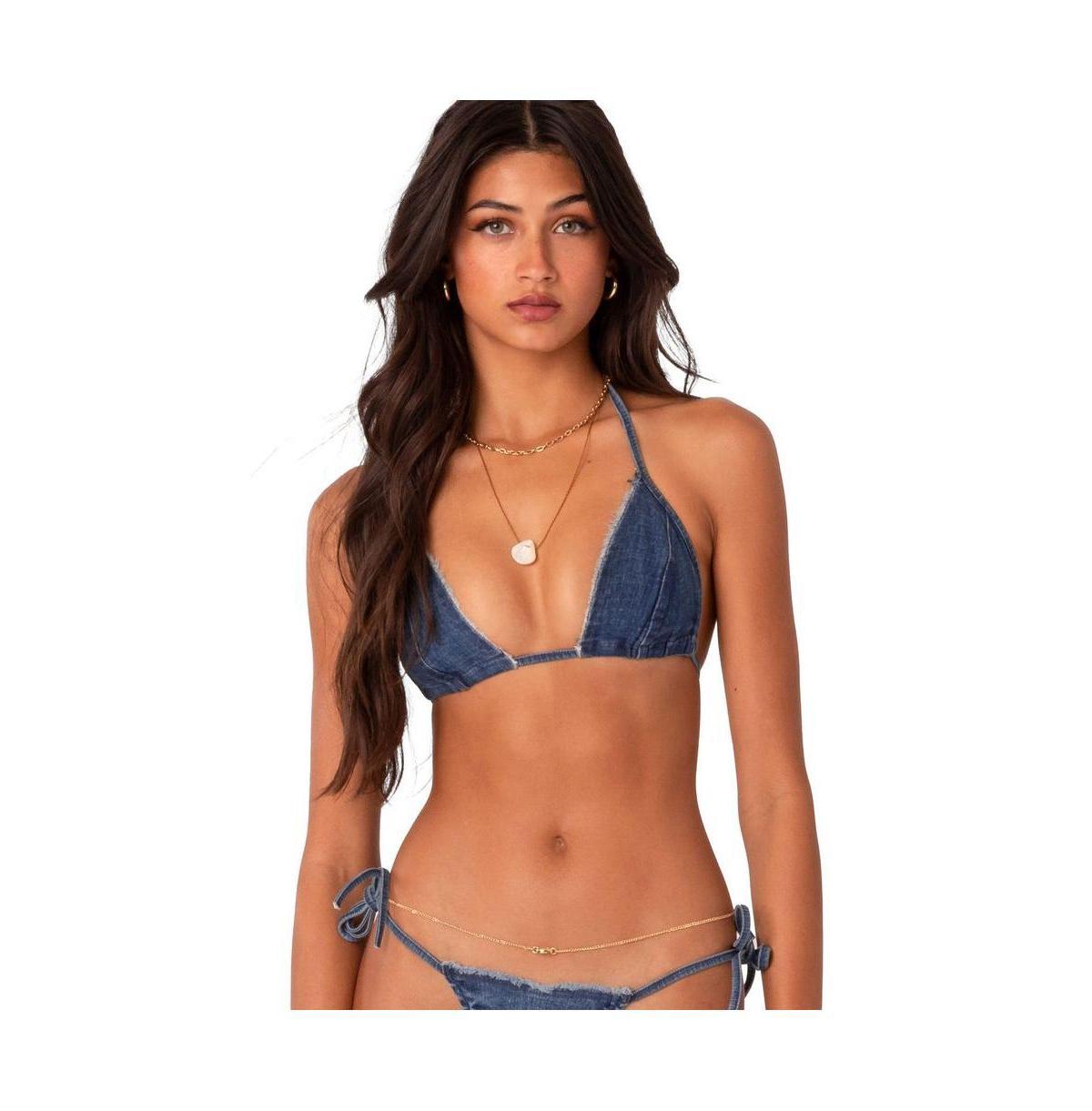 EDIKTED Didi Distressed Denim Triangle Bikini Top Product Image