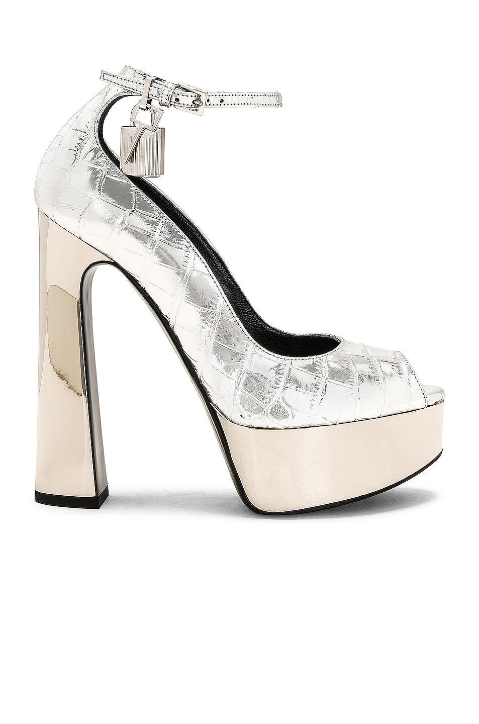 TOM FORD Metallic Stamped Croc Padlock Peep Toe 145 Pump Metallic Silver. (also in ). Product Image