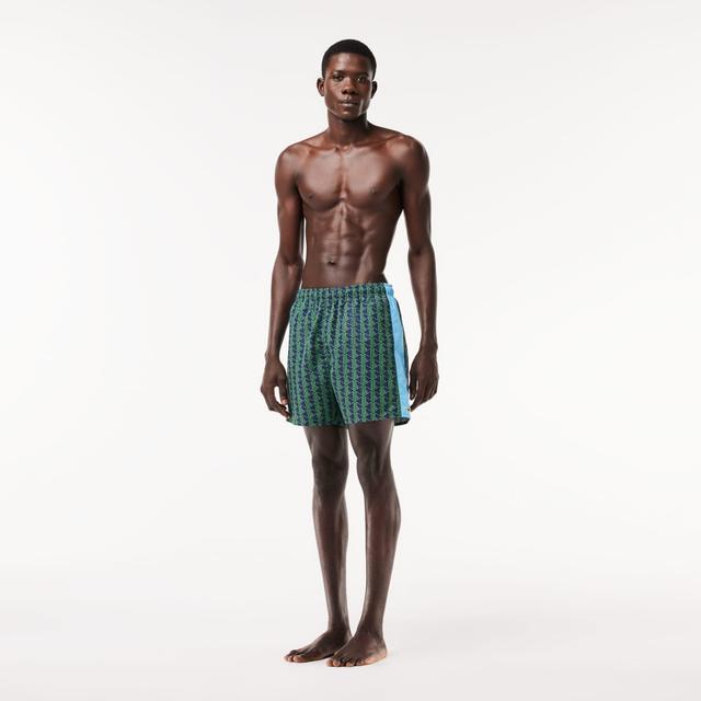 Lacoste Mid Length Monogram Print Swim Trunks Product Image