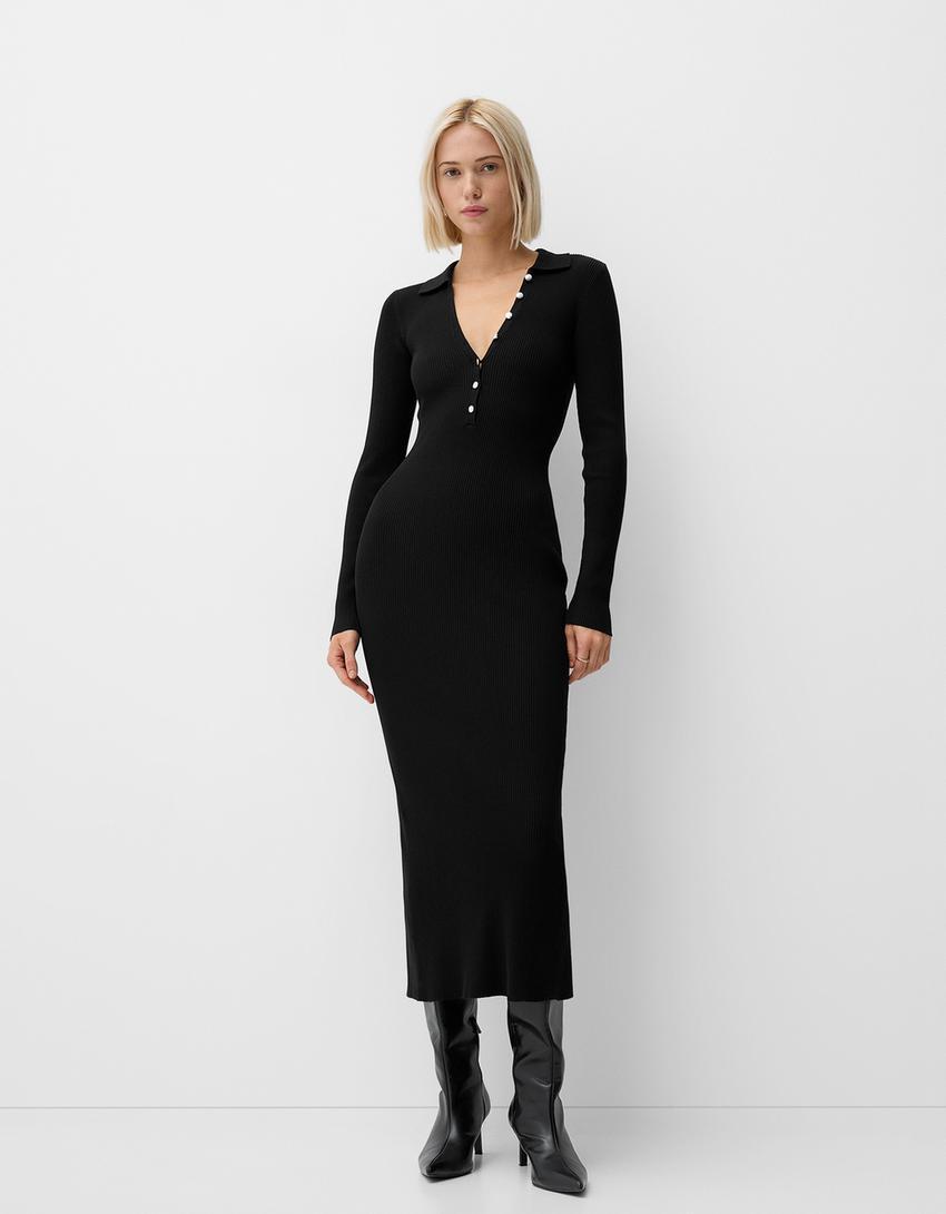 Ribbed polo collar midi dress Product Image