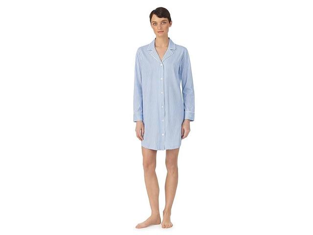 LAUREN Ralph Lauren Organic Cotton Long Sleeve Notch Collar Sleepshirt (Blue Stripe) Women's Pajama Product Image