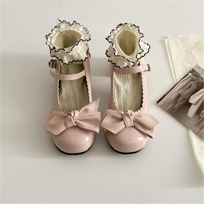 Chunky Heel Round Toe Ankle Strap Bow Mary Jane Pumps Product Image