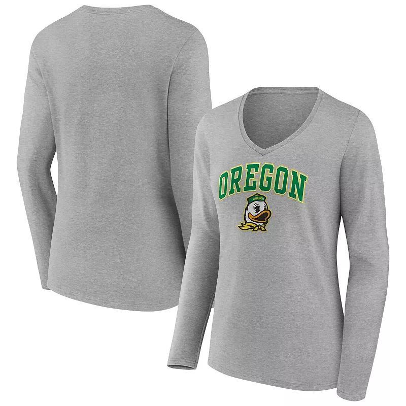 Womens Fanatics Branded Heather Gray Oregon Ducks Evergreen Campus Long Sleeve V-Neck T-Shirt Product Image